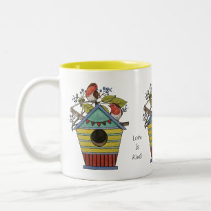 Robins With Blueberries And Birdhouse Two-Tone Coffee Mug