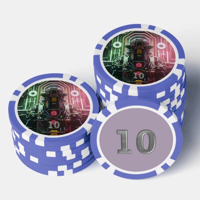 Robot 1 blue 10 striped poker chip (Stack)
