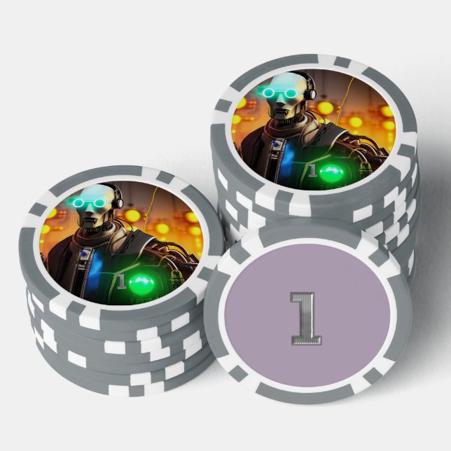 Robot 2 grey 1 striped poker chip (Stack)