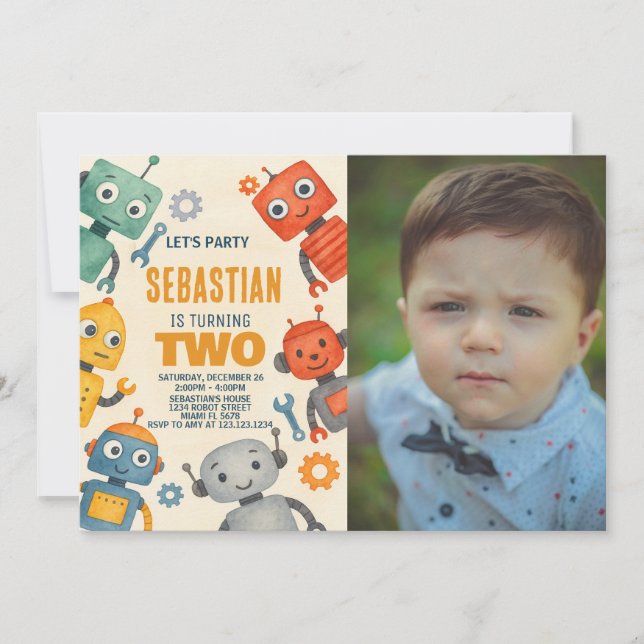 Robot 2nd Birthday Invitation with photo (Front)