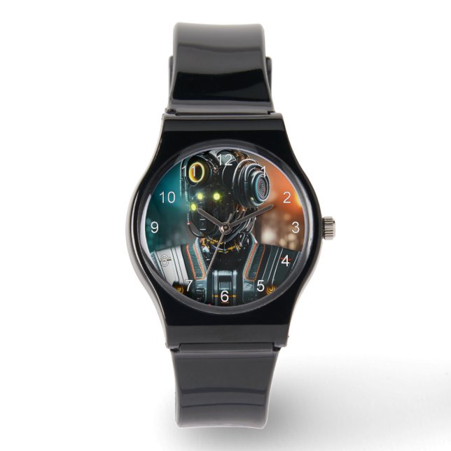 Robot 3 black silicone strap watch w numbers (Front)