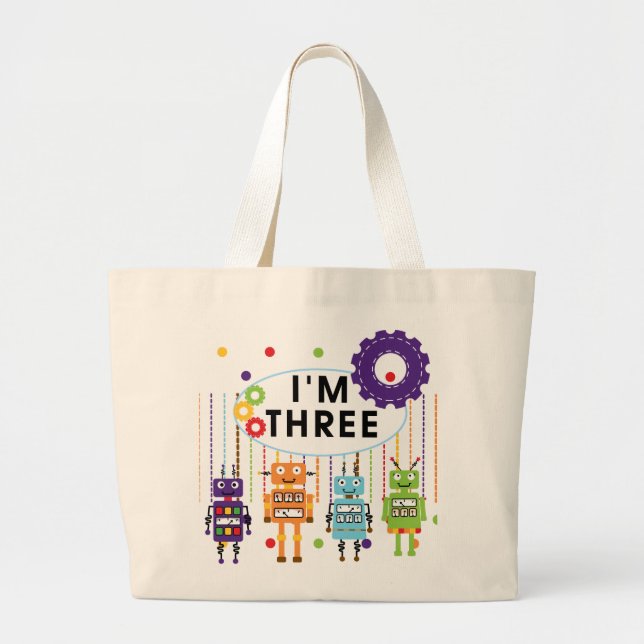Robot 3rd Birthday T shirts and Gifts Large Tote Bag (Front)
