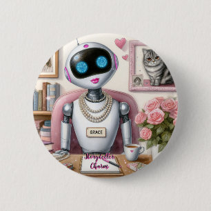 Robot AI Stoyteller Charm Loves Pink Lipstick 6 Cm Round Badge