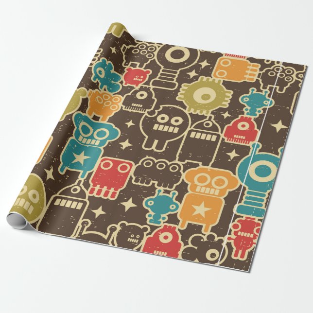 Robot and monsters modern seamless pattern in retr wrapping paper (Unrolled)