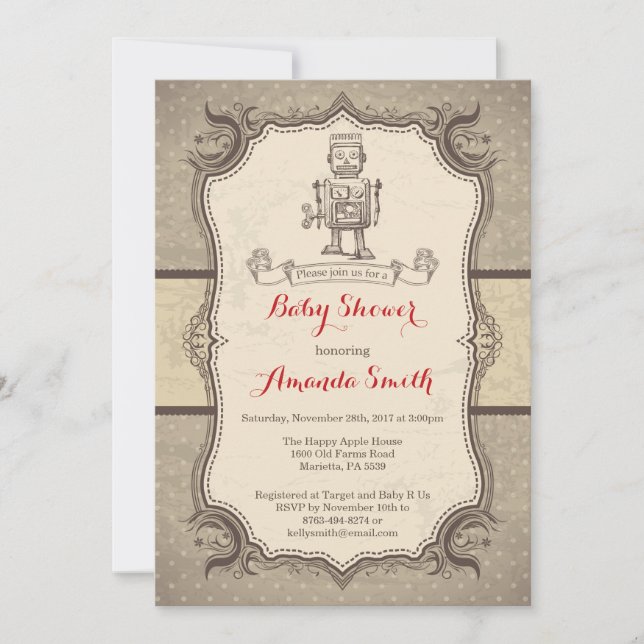 Robot Baby Shower Invitation Vintage Retro (Front)