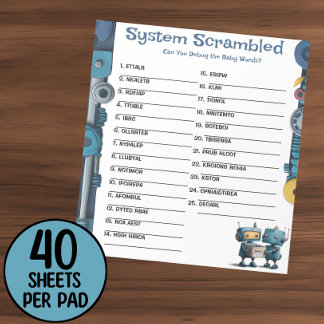 Robot Baby Shower Word Scramble Activity Pad