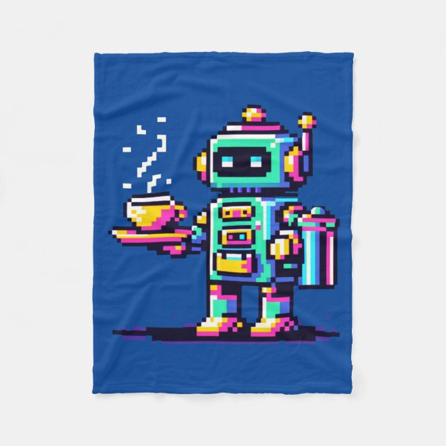 Robot Barista - Pixel Art Coffee Lover Design Fleece Blanket (Front)
