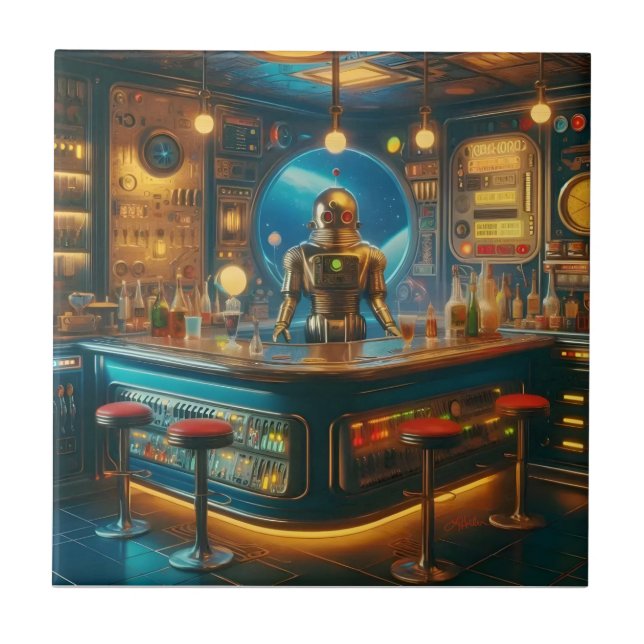 Robot Bartender in Interstellar Space Age Dive Bar Ceramic Tile (Front)