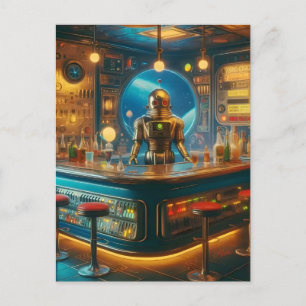 Robot Bartender in Interstellar Space Age Dive Bar Postcard