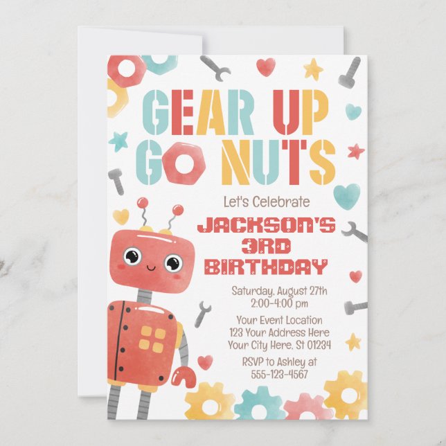 Robot Birthday Invitation, Boy Robot Invitation (Front)
