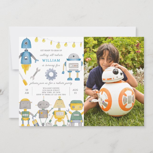 Robot Birthday Invitation With Photo (Front)