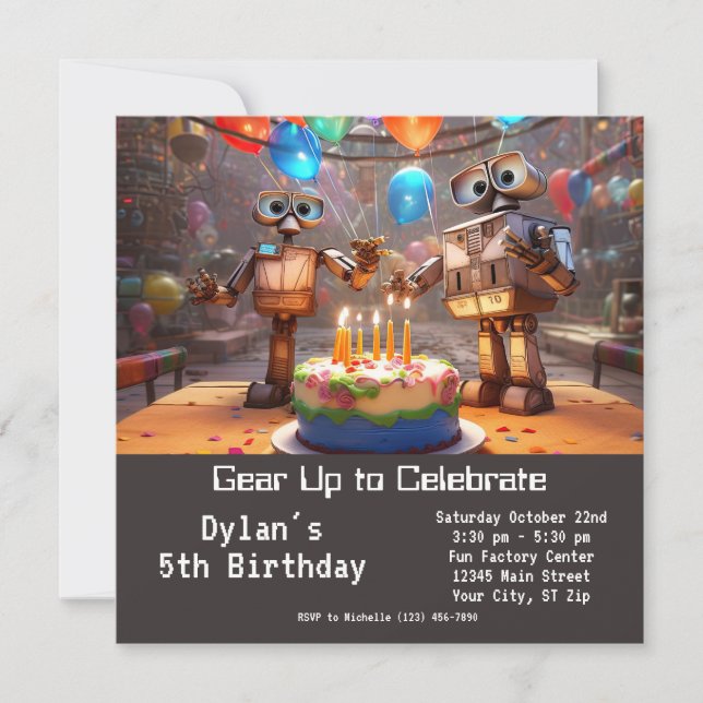 Robot Birthday Party Invitations Digital Download (Front)