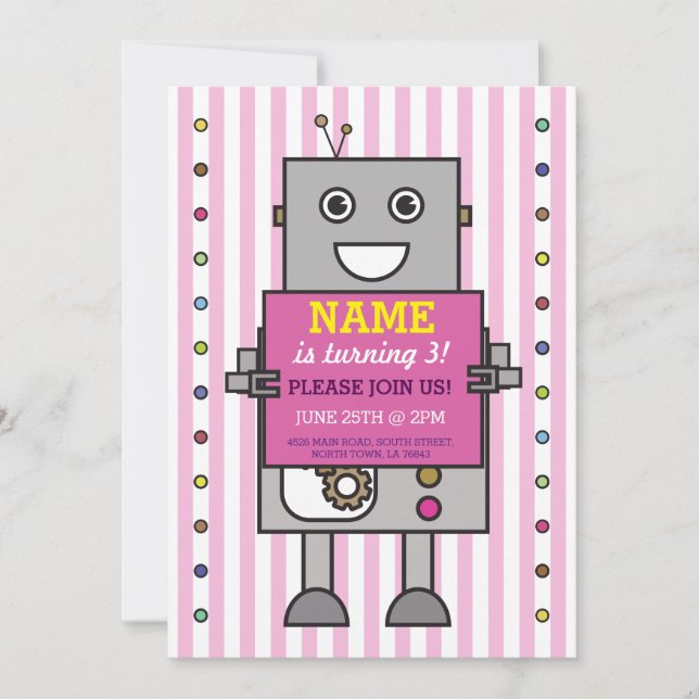 ROBOT Birthday Party Pink Stripe Girls Invitation (Front)