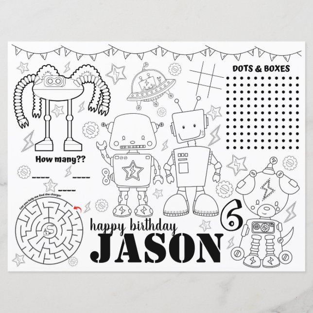 Robot birthday placemats, robot colouring page (Front)