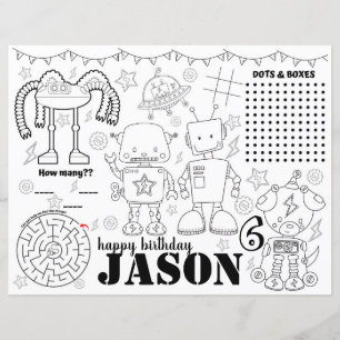 Robot birthday placemats, robot colouring page