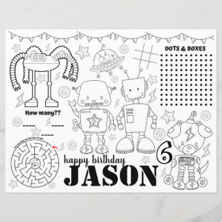 Robot birthday placemats, robot colouring page