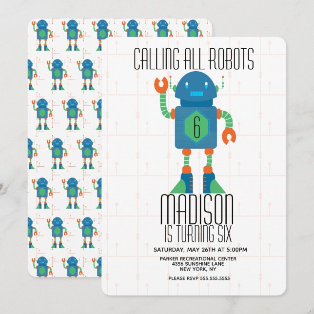 Robot Bolt Boys Birthday Party Invitation (Front/Back)