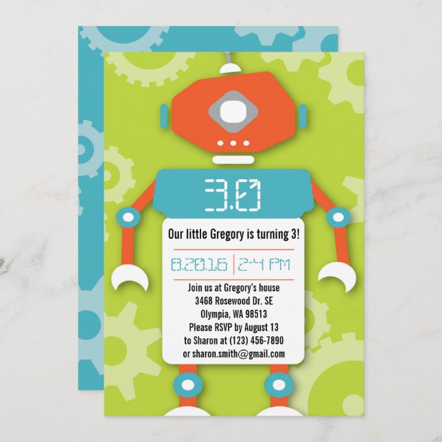 Robot Boy Themed Birthday Party Invitation (Front/Back)
