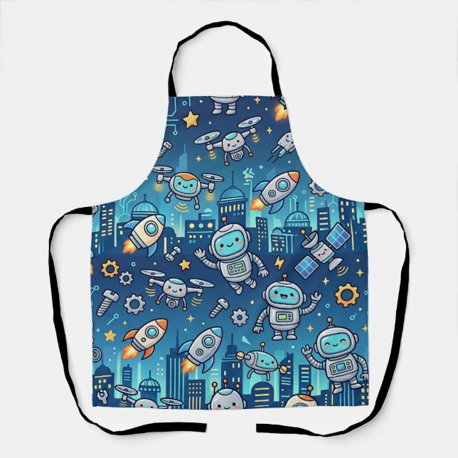Robot City Apron – Futuristic Cute Tech Pattern (Front)