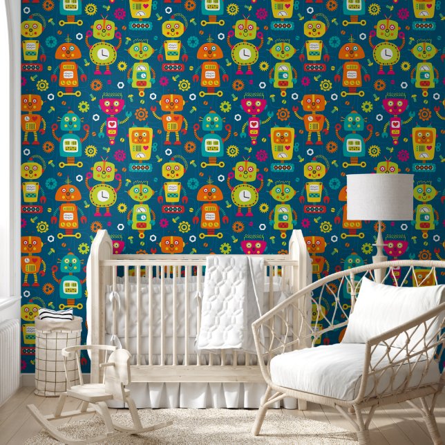 Robot Colourful Fun Blue Green Orange Pattern Wallpaper (Kids)