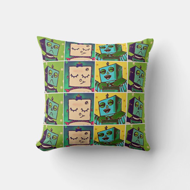 Robot Comic Art Throw Pillow (Front)