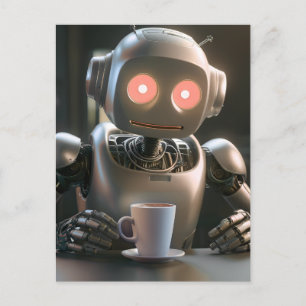 robot drinking coffee holiday postcard