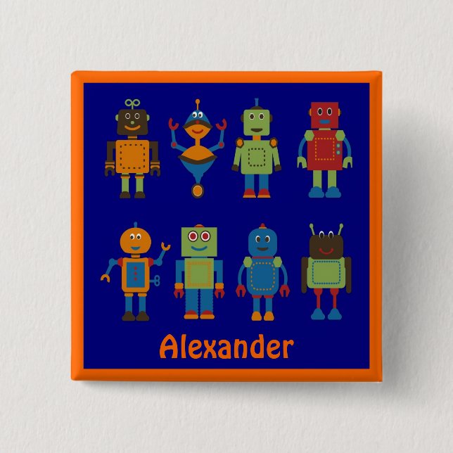 Robot Friends Child's Personalised Square Button (Front)