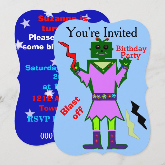 Robot Girl Blast Off and Stars Birthday Party Invitation (Front/Back)