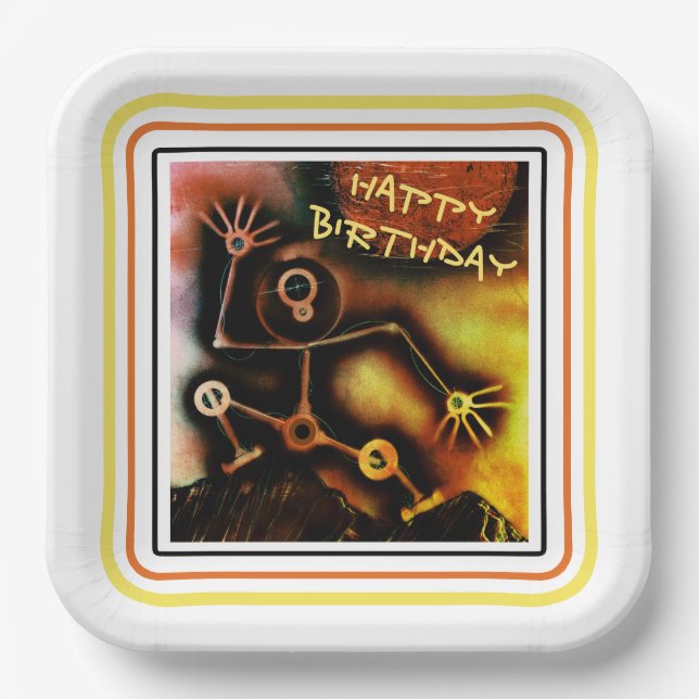 Robot Happy Birthday Paper Plate (Front)
