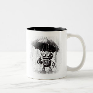 Robot holding an umbrella in the rain Two-Tone coffee mug