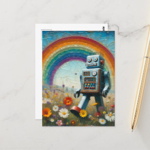 Robot in a Flower Meadow with a Rainbow Postcard