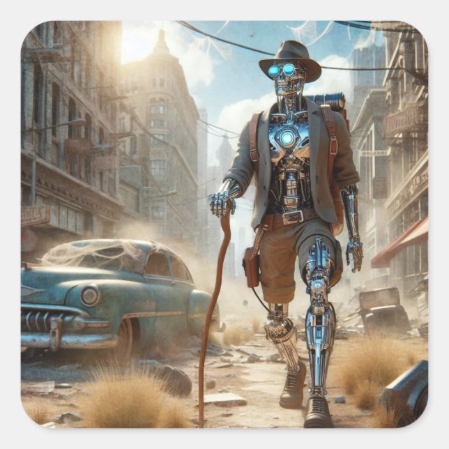 Robot in Ghost Town Square Sticker (Front)