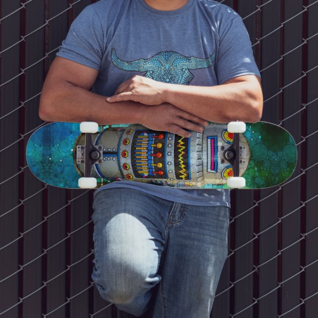 Robot in Vintage Retro Blue Green Galaxy Cool Cute Skateboard (Outdoor 3)