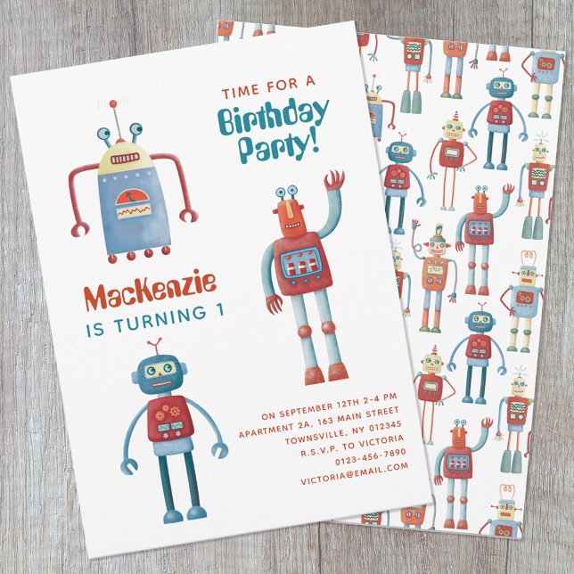 Robot Kids First Birthday Party Invitation (Creator Uploaded)