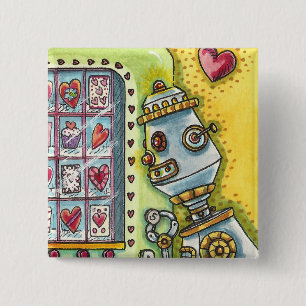 ROBOT LOOKING FOR LOVE, HEART VENDING MACHINE CUTE 15 CM SQUARE BADGE