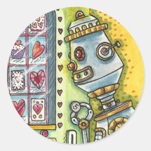 ROBOT LOOKING FOR LOVE, HEART VENDING MACHINE CUTE CLASSIC ROUND STICKER