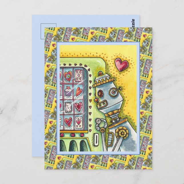 ROBOT LOOKING FOR LOVE, HEART VENDING MACHINE CUTE POSTCARD (Front/Back)
