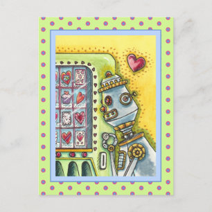 ROBOT LOOKING FOR LOVE, HEART VENDING MACHINE CUTE POSTCARD