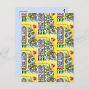 ROBOT LOOKING FOR LOVE, HEART VENDING MACHINE CUTE POSTCARD