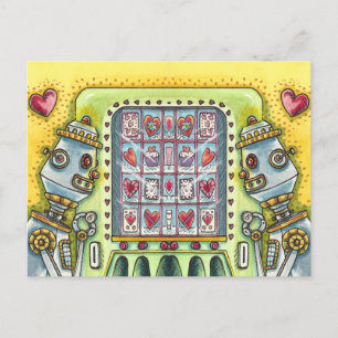 ROBOT LOOKING FOR LOVE, HEART VENDING MACHINE CUTE POSTCARD