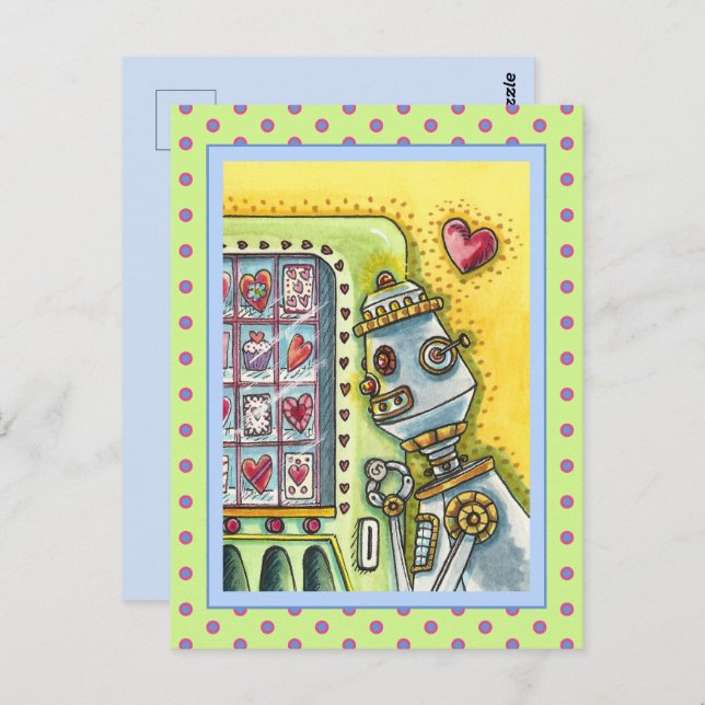 ROBOT LOOKING FOR LOVE, HEART VENDING MACHINE CUTE POSTCARD (Front/Back)