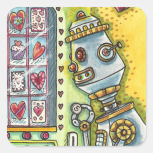 ROBOT LOOKING FOR LOVE, HEART VENDING MACHINE CUTE SQUARE STICKER