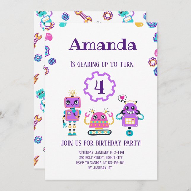 Robot party Girl Pink birthday Invitation (Front/Back)