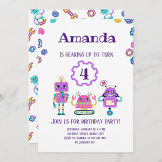 Robot party Girl Pink birthday Invitation