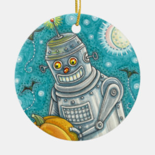 ROBOT PICKING PUMPKINS , HALLOWEEN MECHANICAL MAN CERAMIC ORNAMENT
