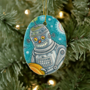 ROBOT PICKING PUMPKINS , HALLOWEEN MECHANICAL MAN CERAMIC ORNAMENT