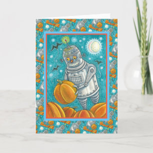 ROBOT PICKING PUMPKINS , HALLOWEEN MECHANICAL MAN HOLIDAY CARD