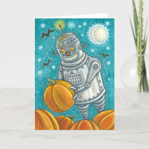 ROBOT PICKING PUMPKINS , HALLOWEEN MECHANICAL MAN HOLIDAY CARD