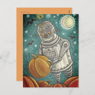 ROBOT PICKING PUMPKINS , HALLOWEEN MECHANICAL MAN HOLIDAY POSTCARD
