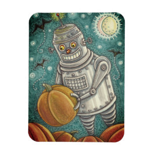 ROBOT PICKING PUMPKINS , HALLOWEEN MECHANICAL MAN MAGNET